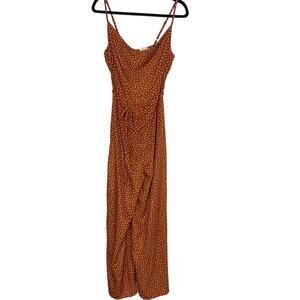 Easel Small S Rust Orange Cream Polka Dot Jumpsuit Tie Waist Side Slit Cowl Neck